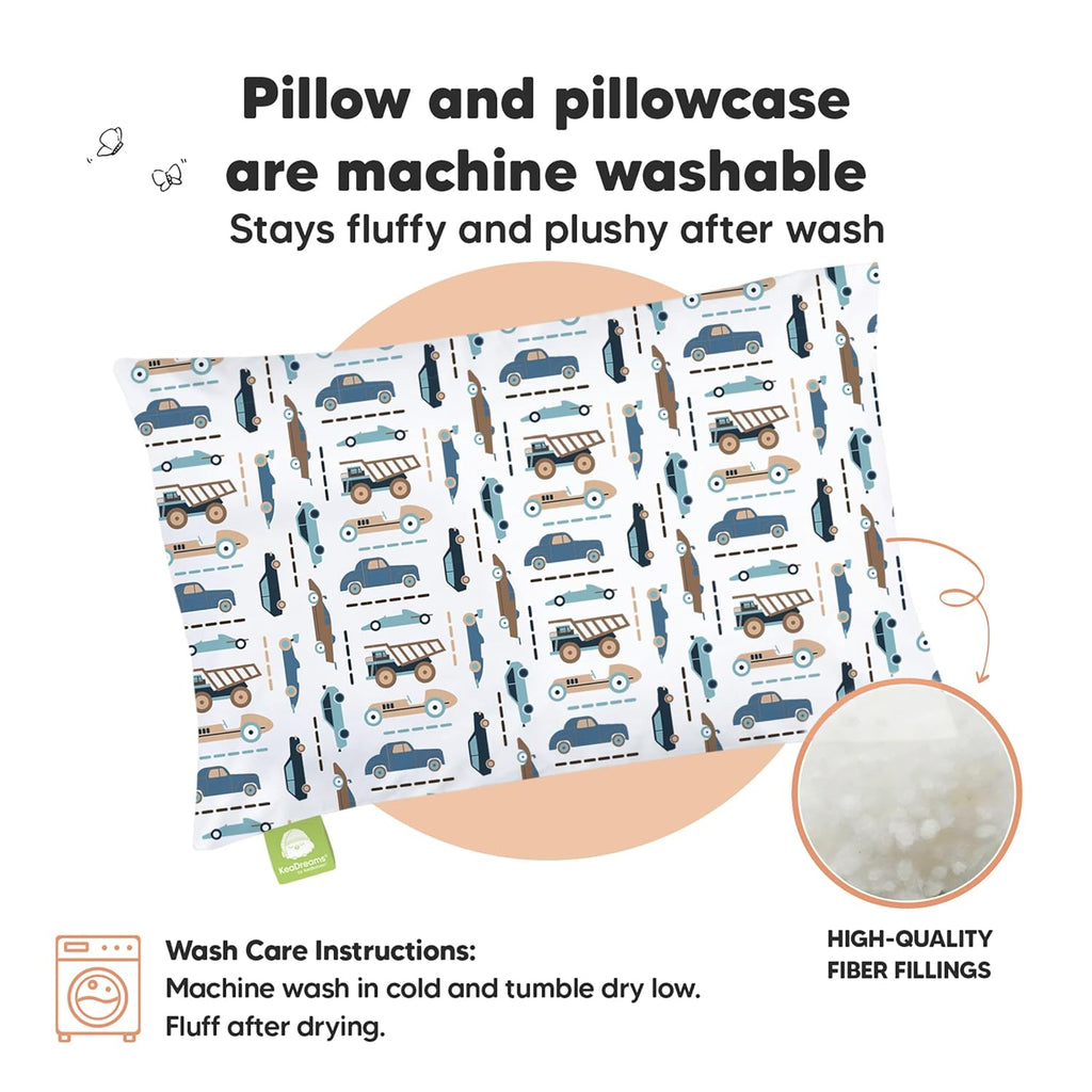 Toddler Pillow with Pillowcase - 13X18 My Little Dreamy Pillow, Organic Cotton Toddler Pillows for Sleeping, Kids Pillow, Travel Pillows, Mini Pillow, Nursery Pillow, Toddler Bed Pillow (Vroom)