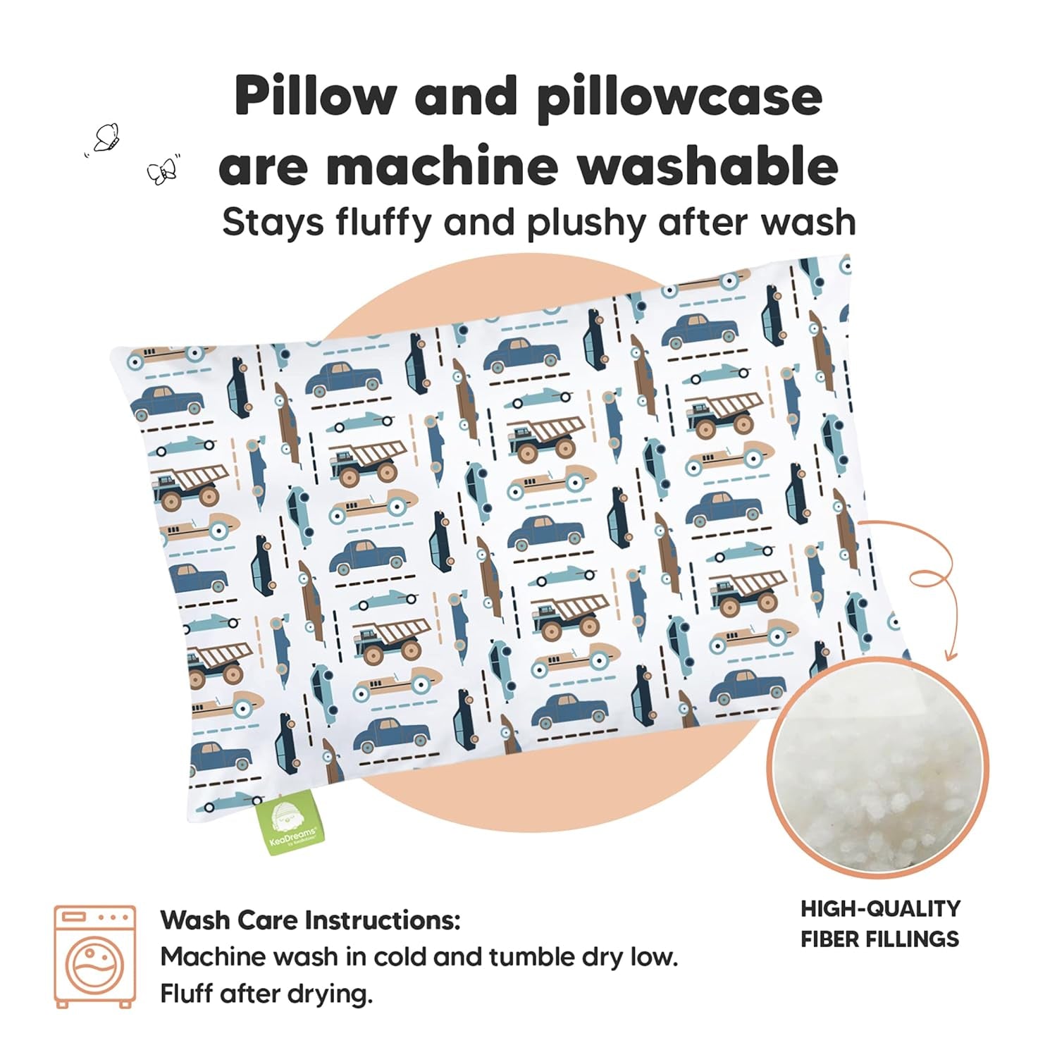 Toddler Pillow with Pillowcase - 13X18 My Little Dreamy Pillow, Organic Cotton Toddler Pillows for Sleeping, Kids Pillow, Travel Pillows, Mini Pillow, Nursery Pillow, Toddler Bed Pillow (Vroom)