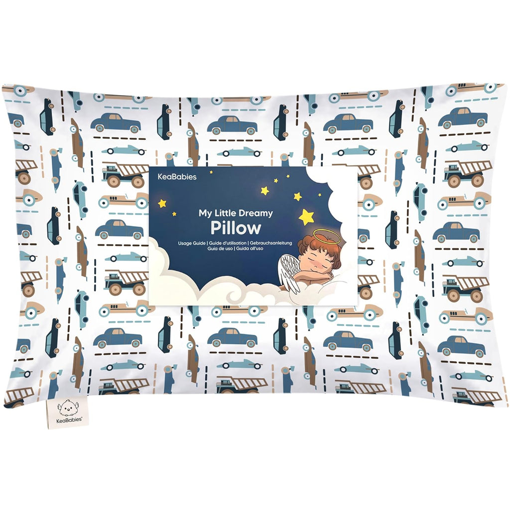 Toddler Pillow with Pillowcase - 13X18 My Little Dreamy Pillow, Organic Cotton Toddler Pillows for Sleeping, Kids Pillow, Travel Pillows, Mini Pillow, Nursery Pillow, Toddler Bed Pillow (Vroom)