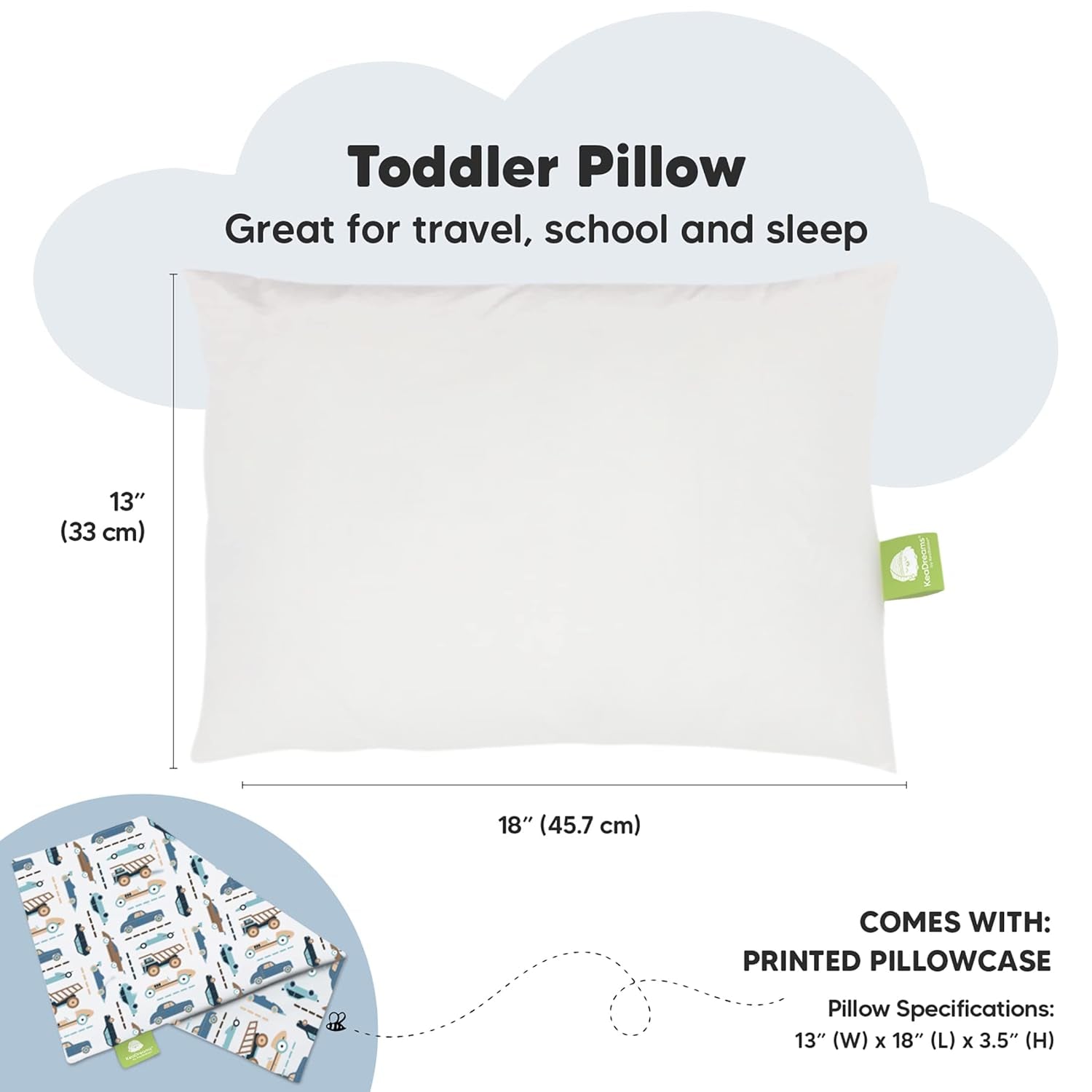 Toddler Pillow with Pillowcase - 13X18 My Little Dreamy Pillow, Organic Cotton Toddler Pillows for Sleeping, Kids Pillow, Travel Pillows, Mini Pillow, Nursery Pillow, Toddler Bed Pillow (Vroom)