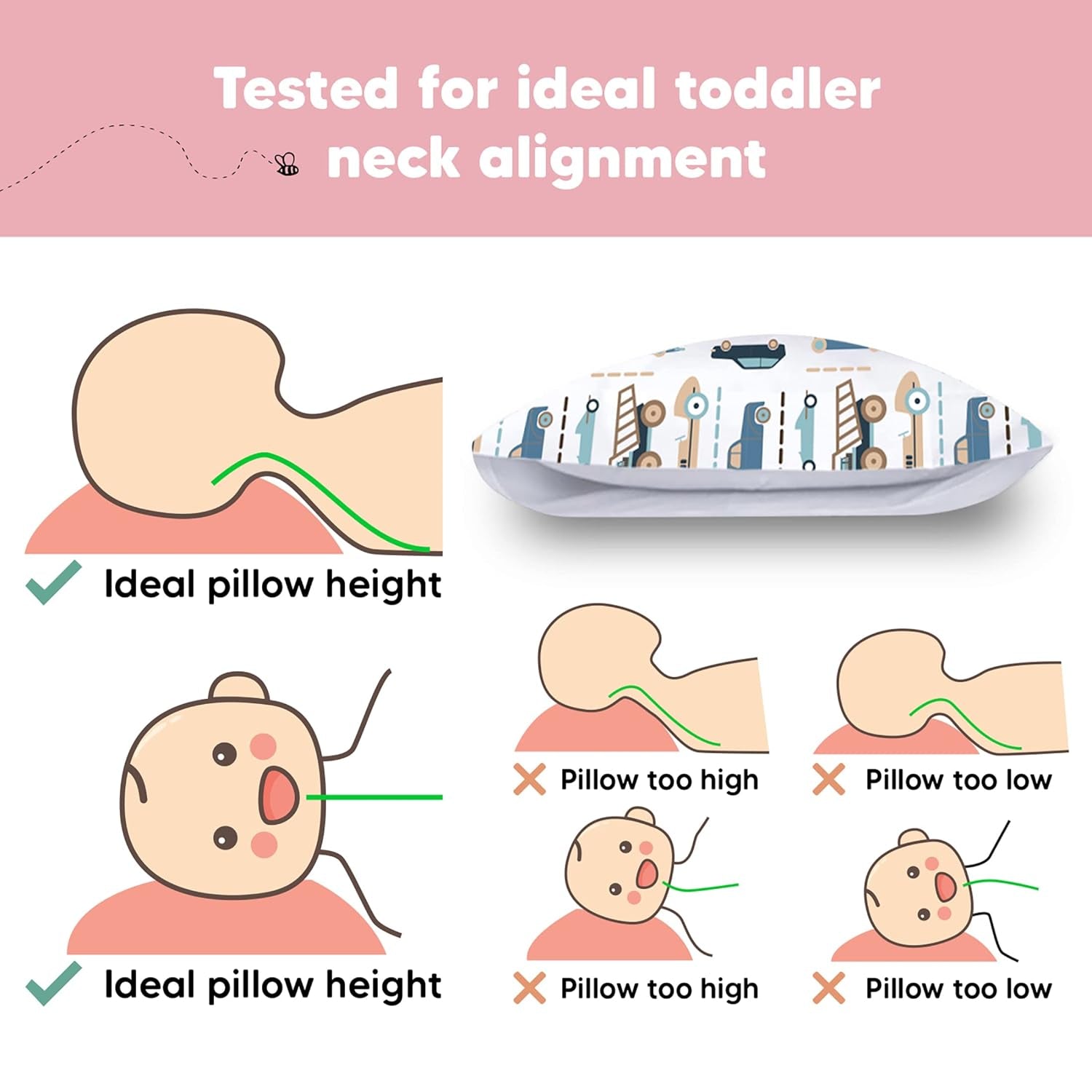 Toddler Pillow with Pillowcase - 13X18 My Little Dreamy Pillow, Organic Cotton Toddler Pillows for Sleeping, Kids Pillow, Travel Pillows, Mini Pillow, Nursery Pillow, Toddler Bed Pillow (Vroom)