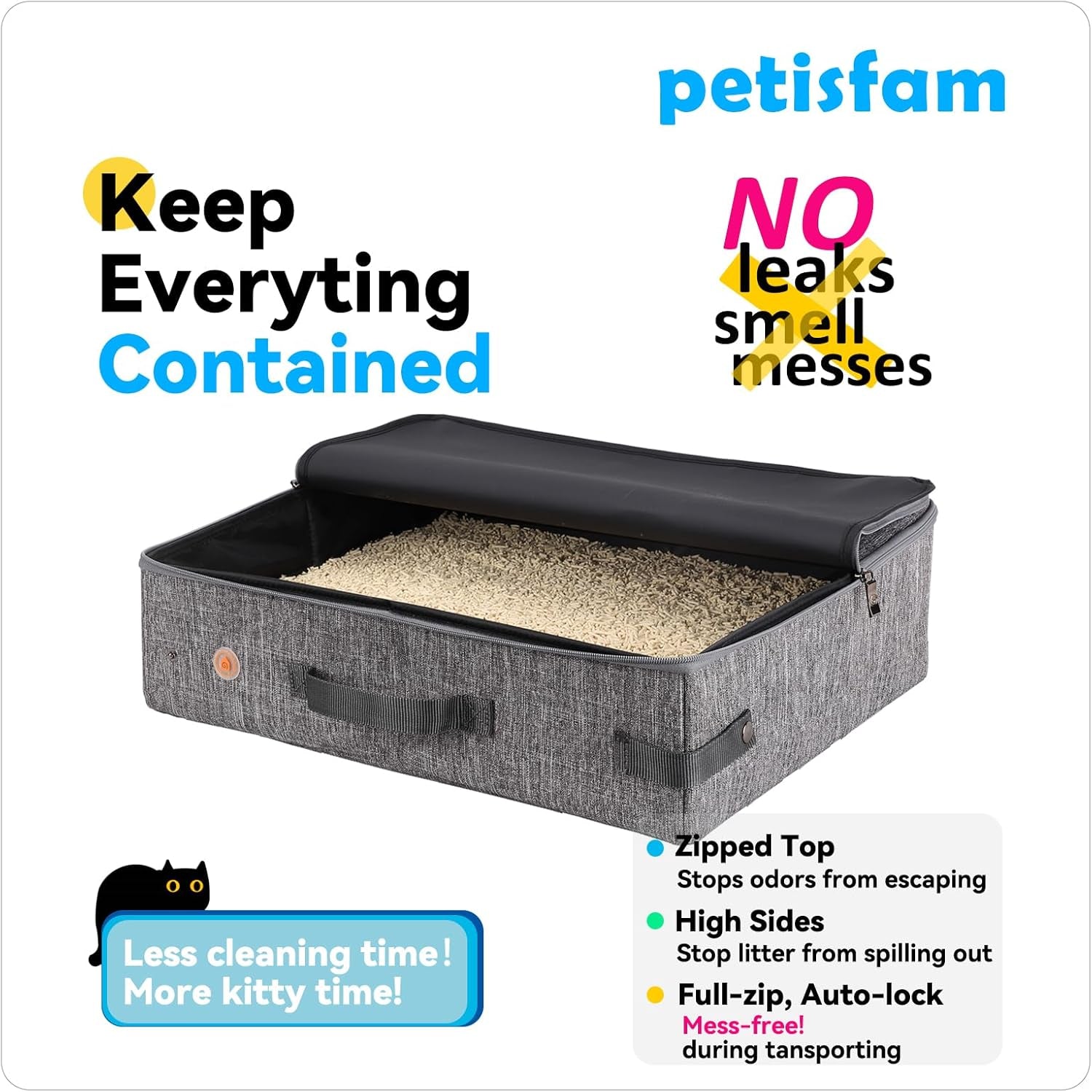 Large Portable Cat Travel Litter Box with Zipperd Top for Medium, Large or Multiple Cats. Odor Control, Leak-Proof, Lightweight for Easy Carry, Easy Storage, Easy to Clean